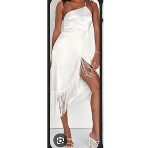 Lulus One Shoulder White Floral Fringe Midi Dress Party Cocktail‎ Wedding XS